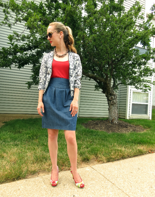 jean skirt, floral, red