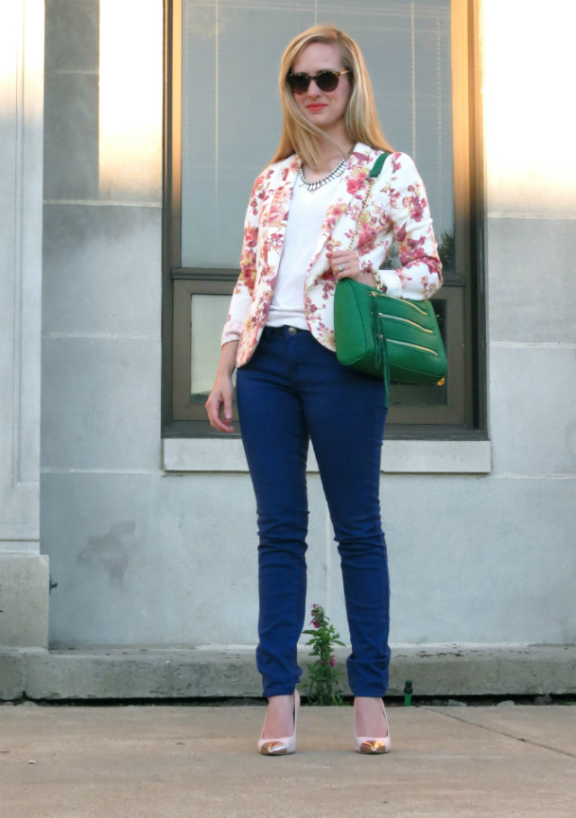Lauren Conrad floral blazer, blue skinny jeans, Anne Klein cap toe pumps, Rebecca Minkoff inspired bag