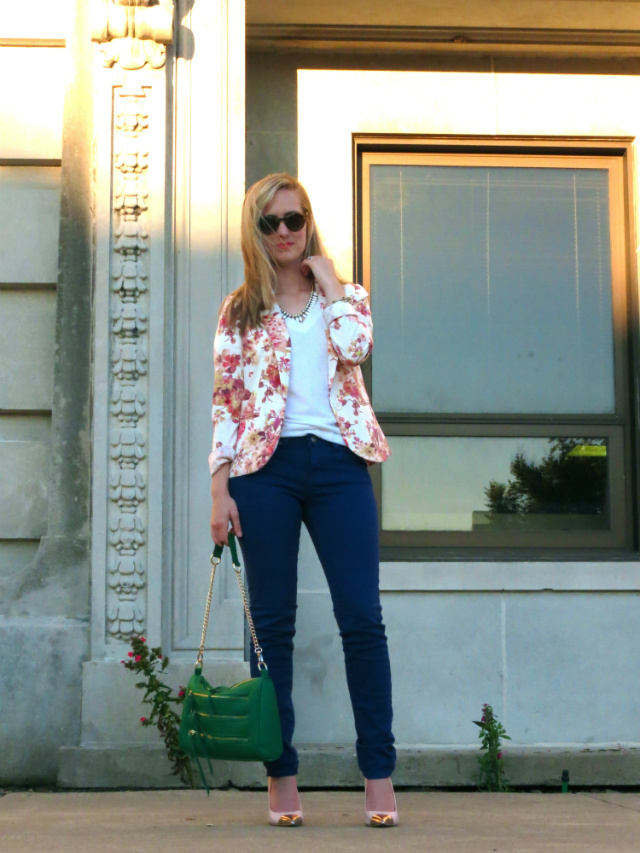 Lauren Conrad floral blazer, blue skinny jeans, Anne Klein cap toe pumps, Rebecca Minkoff inspired bag