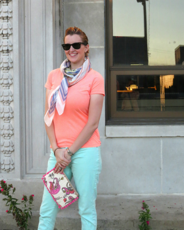 coral and mint, NY & Co pants, paisley, Loft clutch, Ray Ban wayfarers