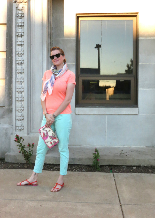 coral and mint, NY & Co pants, paisley, Loft clutch, Ray Ban wayfarers