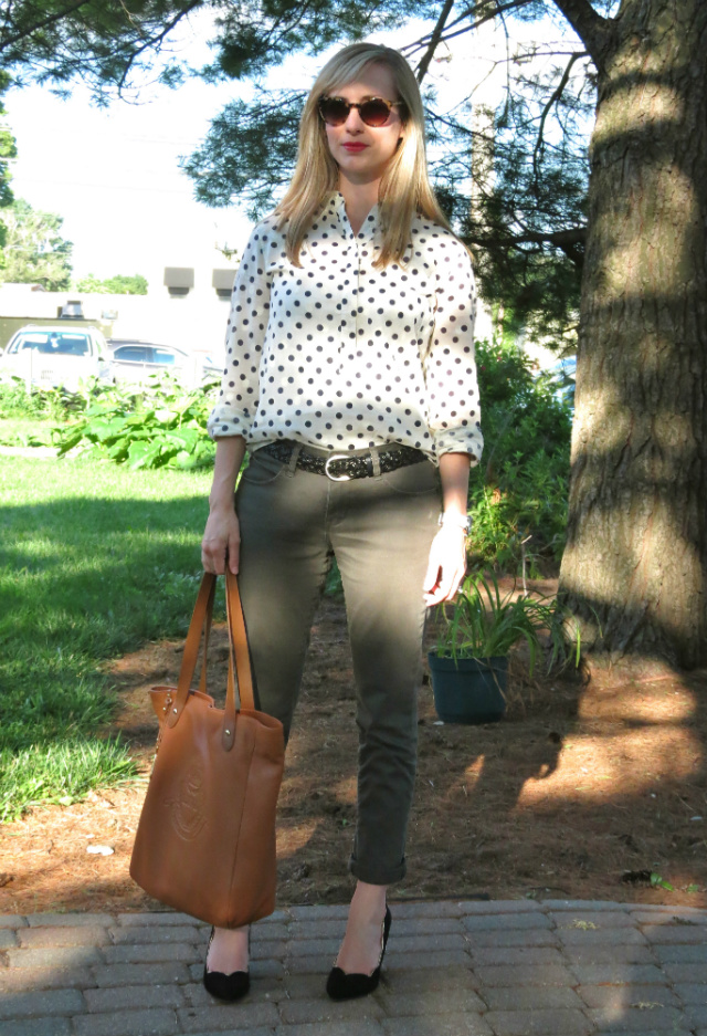polka dot shirt, olive pants, cuffed pants with wedges