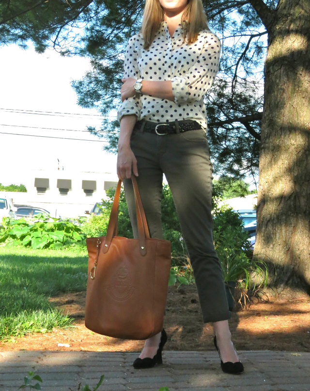polka dot shirt, olive pants, cuffed pants with wedges