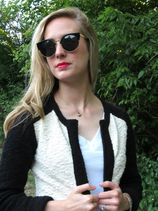 black and white boucle jacket, pink jeans, wavy hair, Oasap sunglasses, Clinique chubby stick intense