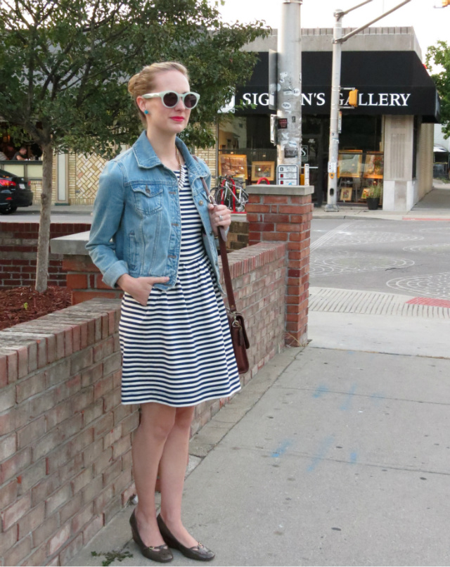 madewell dress, forever 21 denim jacket, madewell hepcat sunglasses, vintage Coach bag