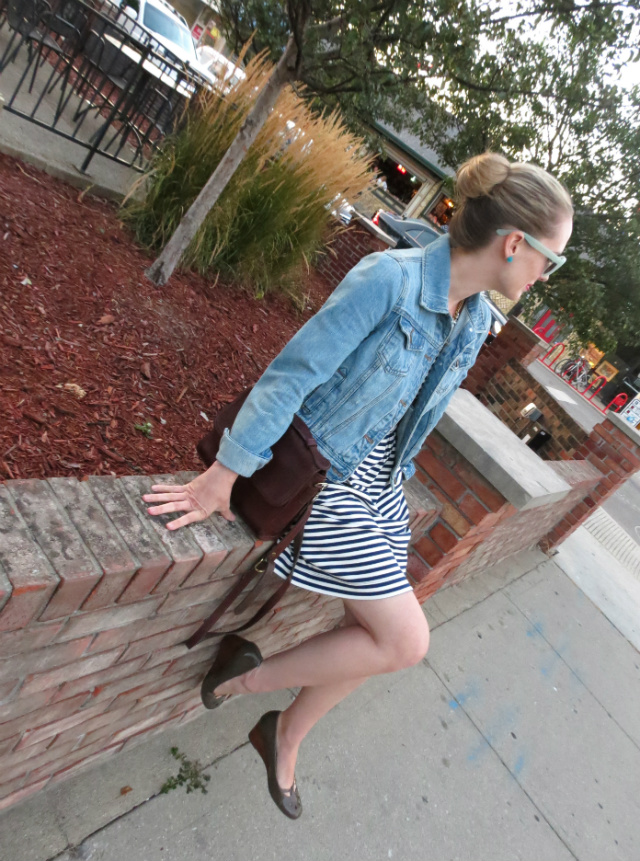 madewell dress, forever 21 denim jacket, madewell hepcat sunglasses, vintage Coach bag