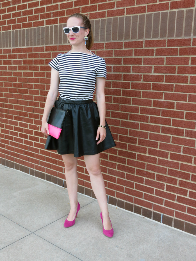 80s fashion, h&m leather skirt, kate spade saturday t-shirt, sole society pink pumps