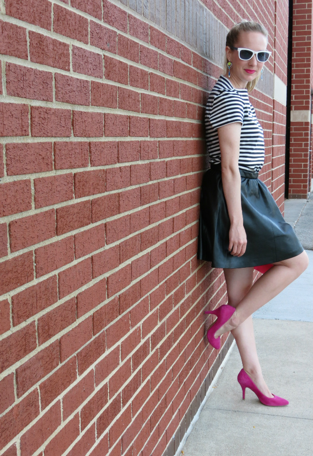 80s fashion, h&m leather skirt, kate spade saturday t-shirt, sole society pink pumps