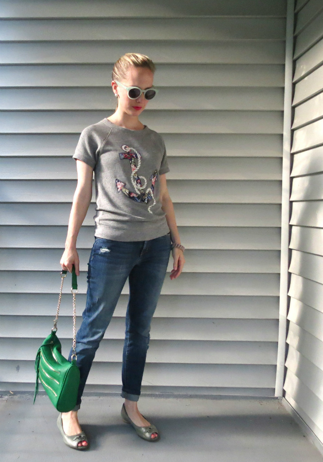 J. Crew anchor sweater, Rebecca Minkoff inspired bag, Joes Jeans, Madewell Hepcat sunglasses