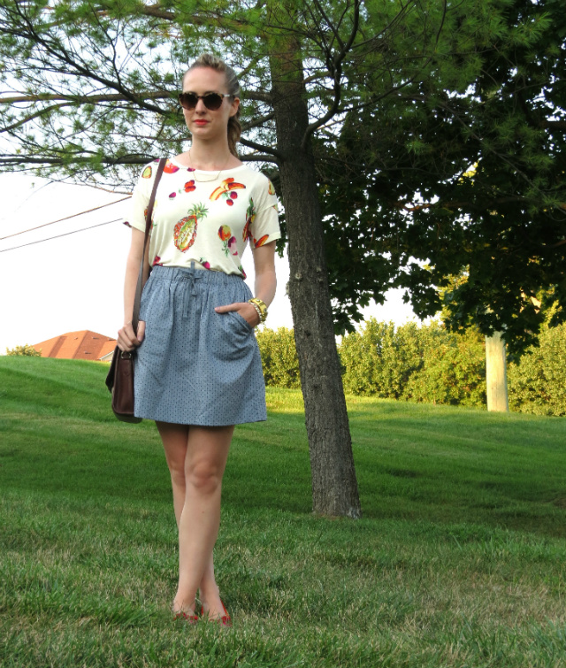 Madewell fruit shirt, Target chambray skirt, vintage Coach bag, Kate Spade tortoise sunglasses