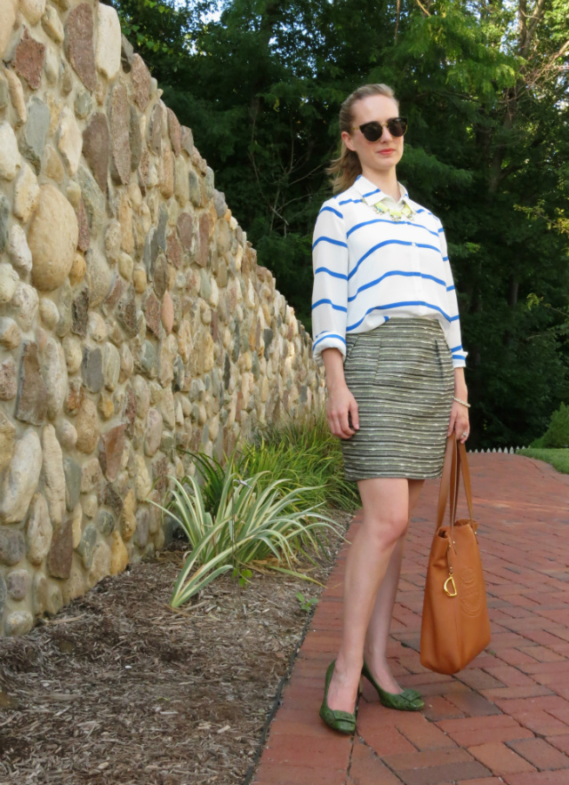 j crew silk stripe shirt, Target tweed skirt, Blu Bijoux statement necklace, Oasap sunglasses