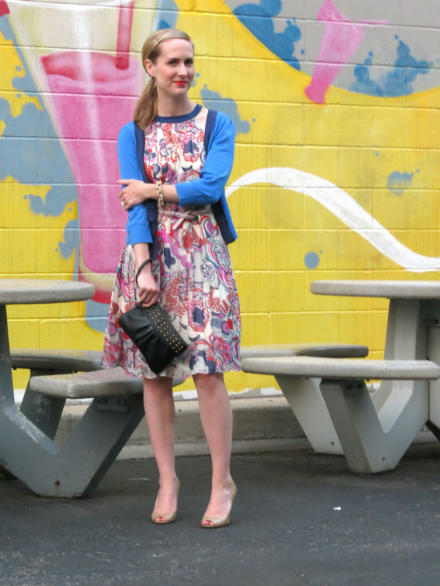 Liberty London dress, blue cropped cardigan, Nine West nude pumps, Express studded clutch