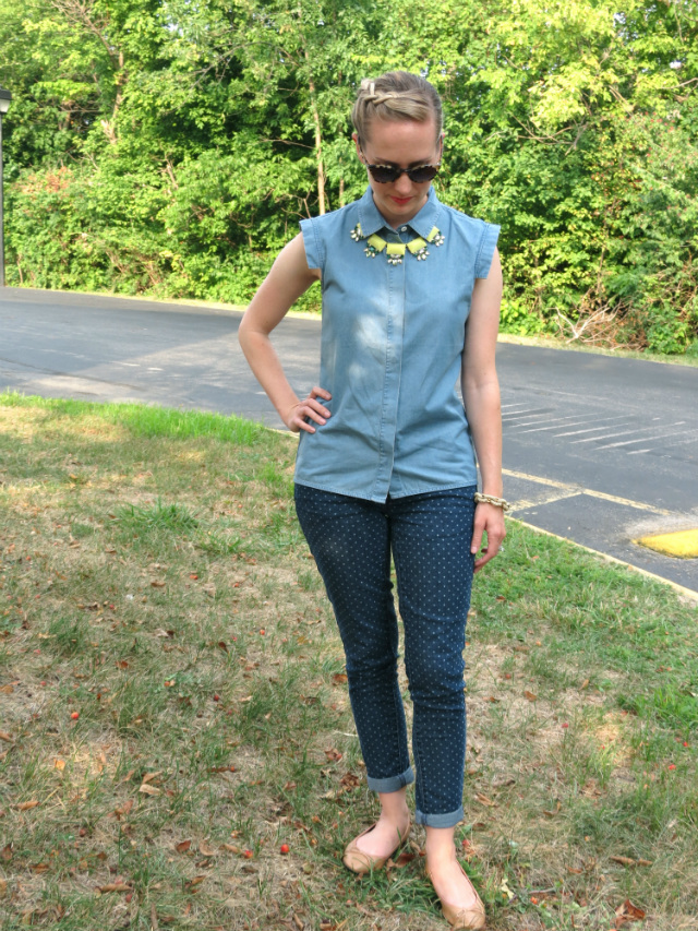 max and chloe statement necklace, kate spade saturday chambray, target polka dot jeans, h&m ballet flats, inside out french braid bun