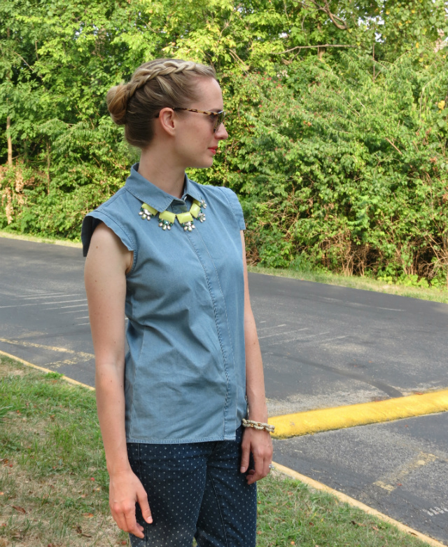 max and chloe statement necklace, kate spade saturday chambray, target polka dot jeans, h&m ballet flats, inside out french braid bun