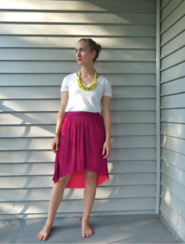 hi lo skirt, reversible skirt, target t-shirt, kate spade saturday rope necklace