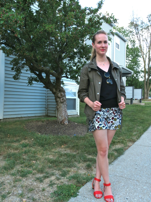 army jacket, utility jacket, anthropologie floral shorts, sandals, oasap sunglasses