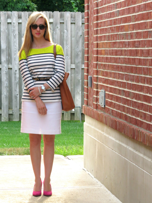 Ann Taylor white pencil skirt, J Crew Factory striped shirt, Sole Society pink suede pumps