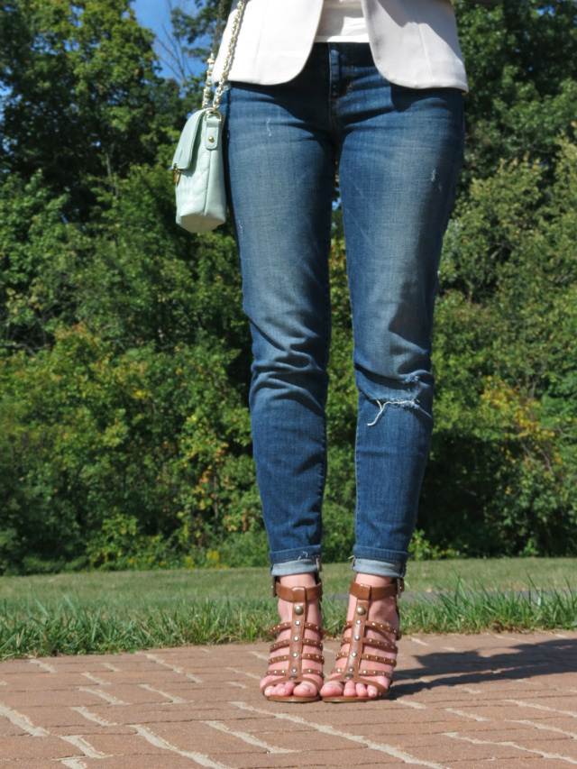 leather sleeve jacket, high line nyc tee, mint bag, nine west sandals, joe's jeans, oasap sunglasses, loft statement necklace