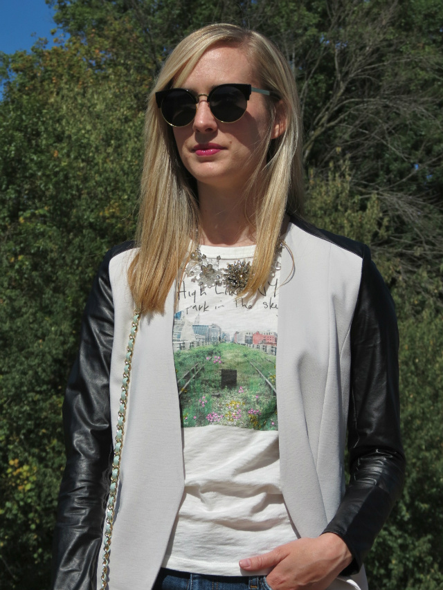 leather sleeve jacket, high line nyc tee, mint bag, nine west sandals, joe's jeans, oasap sunglasses, loft statement necklace