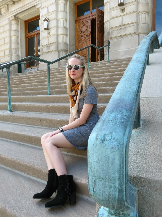 forever 21 gray dress, phillip lim target scarf, madewell hepcat sunglasses, h&m fringe booties, ankle boots with dress, how to wear ankle boots