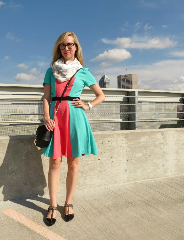 prabal gurung for target dress, h&m floral tube scarf, valentino inspired flats, 7 for all mankind glasses, indianapolis style blogger