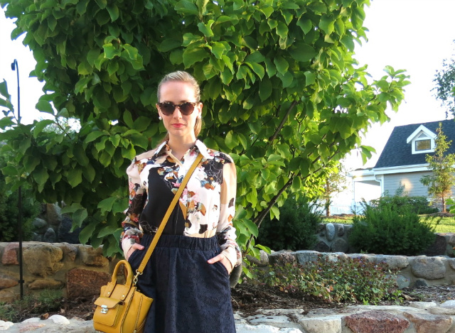 phillip lim for target yellow bag, phillip lim for target floral shirt, H&M cap toe flats, kate spade sunglasses