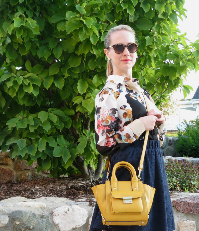 phillip lim for target yellow bag, phillip lim for target floral shirt, H&M cap toe flats, kate spade sunglasses