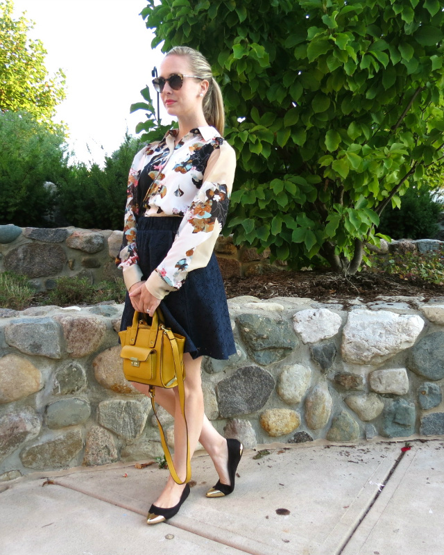 phillip lim for target yellow bag, phillip lim for target floral shirt, H&M cap toe flats, kate spade sunglasses