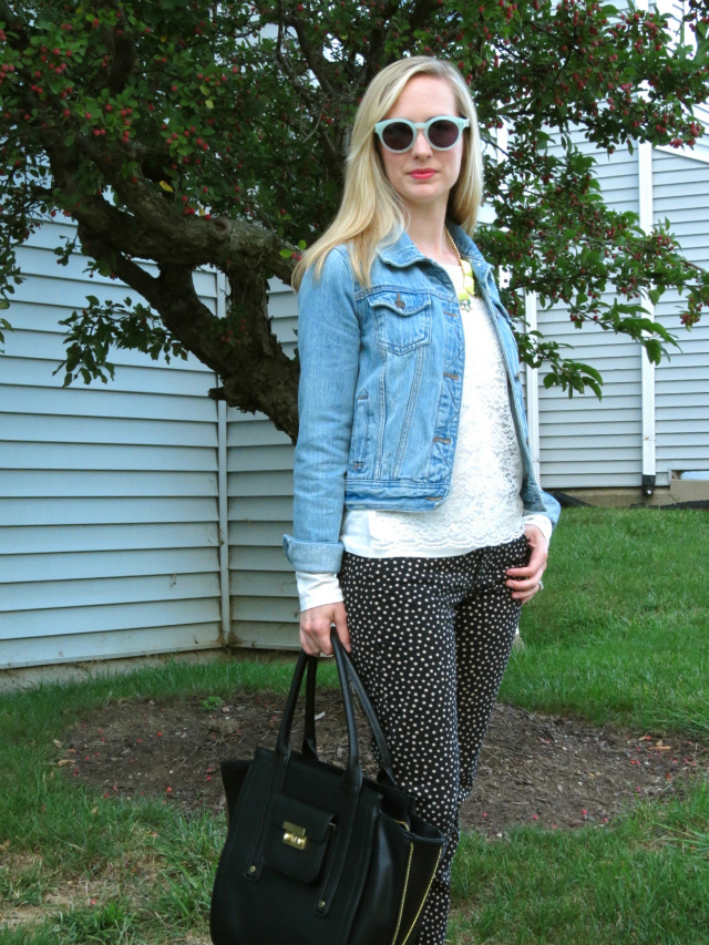 pinterest to real life outfit, jean jacket, ann taylor lace tee, printed pants, madewell hepcat sunglasses, phillip lim for target bag