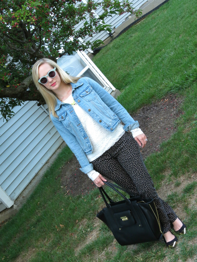 pinterest to real life outfit, jean jacket, ann taylor lace tee, printed pants, madewell hepcat sunglasses, phillip lim for target bag