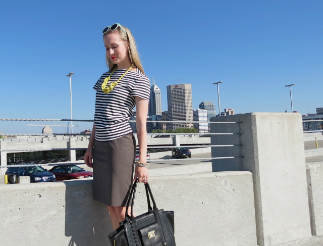 kate spade saturday stripe shirt, ann taylor pencil skirt, kate spade saturday rope necklace, business casual outfit, phillip lim target tote, indianapolis fashion