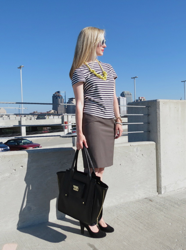 kate spade saturday stripe shirt, ann taylor pencil skirt, kate spade saturday rope necklace, business casual outfit, phillip lim target tote, indianapolis fashion