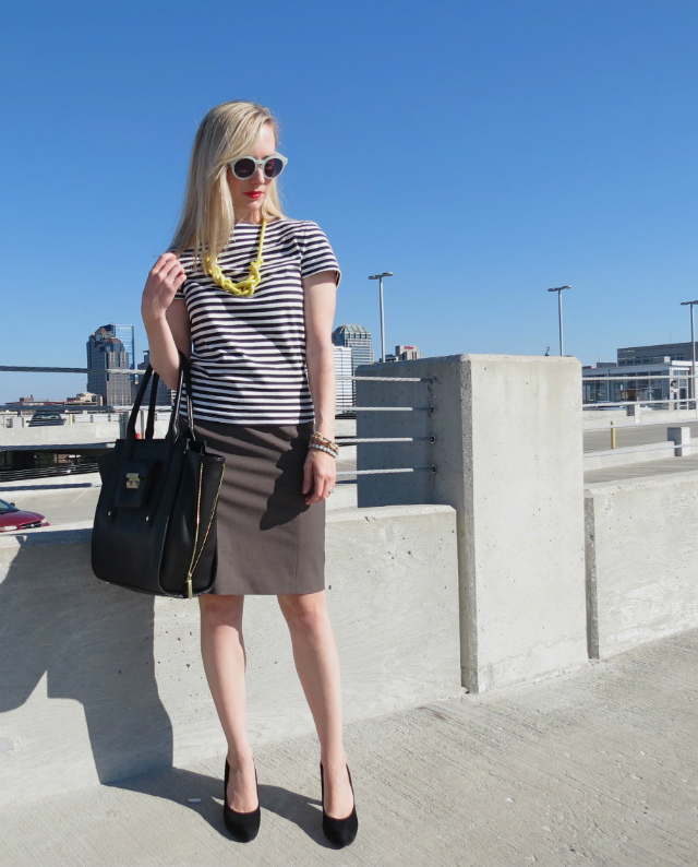 kate spade saturday stripe shirt, ann taylor pencil skirt, kate spade saturday rope necklace, business casual outfit, phillip lim target tote, indianapolis fashion