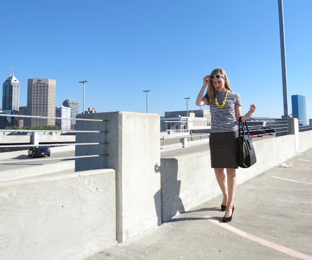 kate spade saturday stripe shirt, ann taylor pencil skirt, kate spade saturday rope necklace, business casual outfit, phillip lim target tote, indianapolis fashion