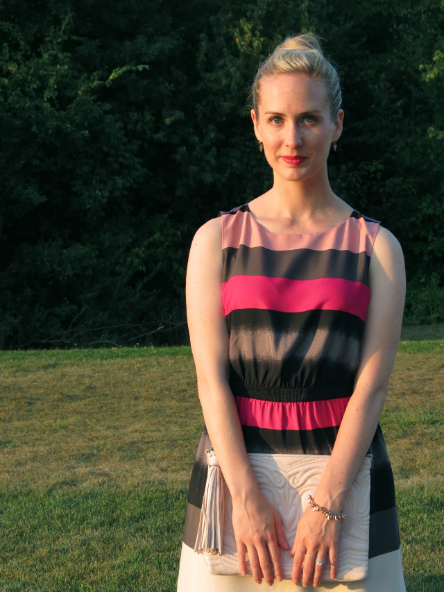 loft striped dress, h&m clutch, h&m studded sandals, top knot, rehearsal dinner outfit