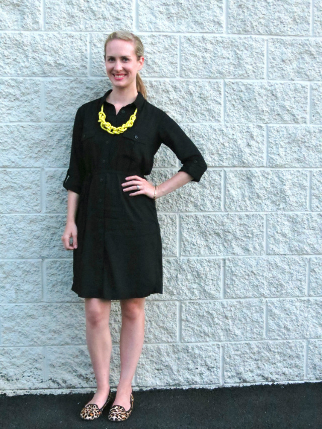 uniqlo shirtdress, kate spade saturday rope necklace, cole haan leopard loafers, inside out french braid ponytail