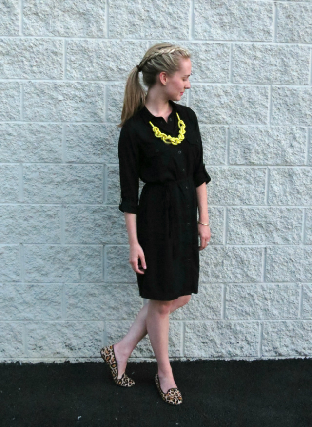 uniqlo shirtdress, kate spade saturday rope necklace, cole haan leopard loafers, inside out french braid ponytail