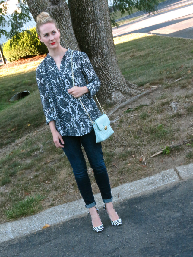 h&m snake print tunic, striped slingbacks, forever 21 quilted bag mint, indianapolis style blog