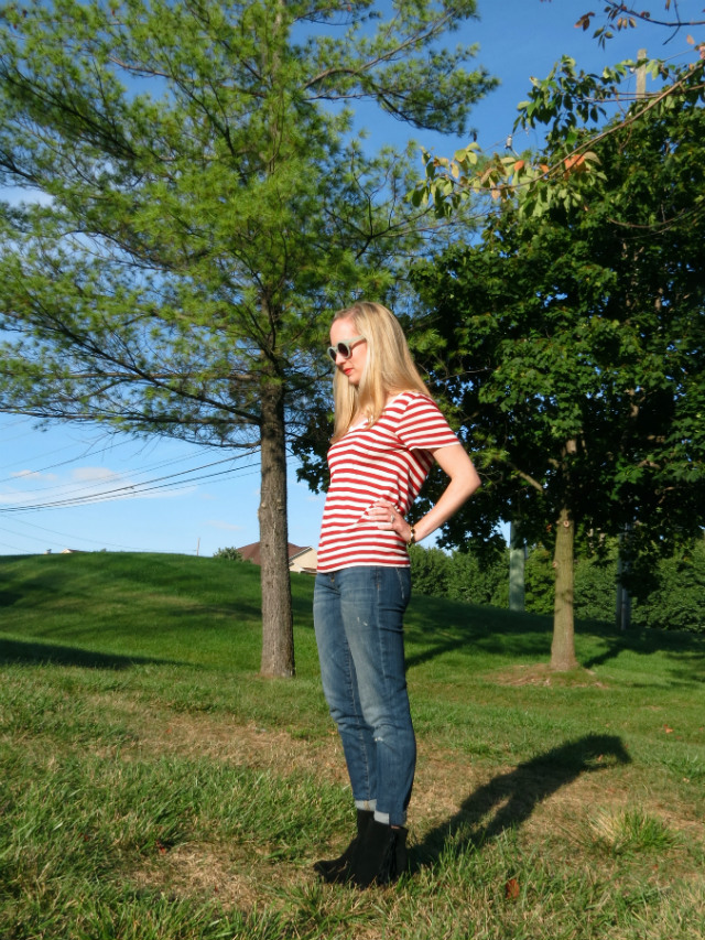 club monaco striped tee, joes jeans, cuffed jeans with ankle boots, h&m fringe boots, madewell hepcat sunglasses