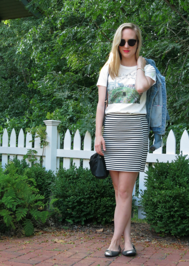 high line nyc, j crew high line shirt, madewell striped skirt, forever 21 jean jacket, oasap sunglasses, crossbody bag, indianapolis fashion blogger