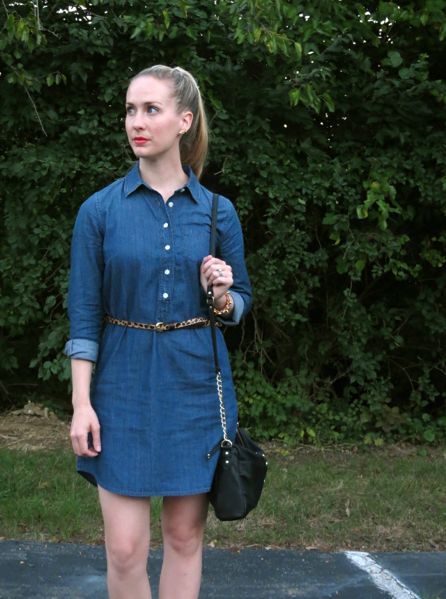 j crew chambray dress, madewell leopard belt, cole haan leopard loafers, c wonder bracelet, indianapolis style blog