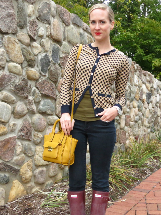 hunter boots outfit, law school style blog, ann taylor cardigan, phillip lim for target yellow satchel