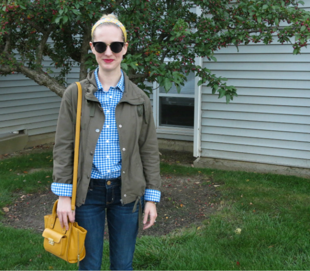 j crew gingham shirt, army jacket, american eagle jeggings, calvin klein boots, phillip lim for target satchel