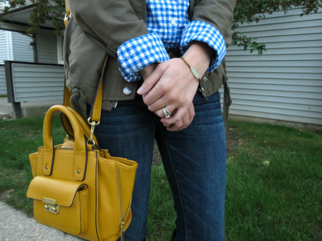 j crew gingham shirt, army jacket, american eagle jeggings, calvin klein boots, phillip lim for target satchel