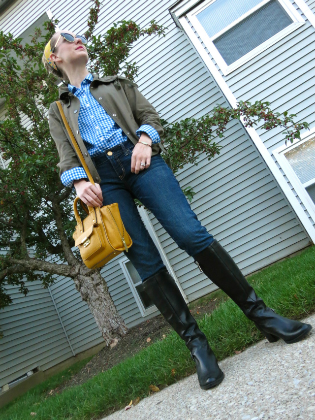 j crew gingham shirt, army jacket, american eagle jeggings, calvin klein boots, phillip lim for target satchel