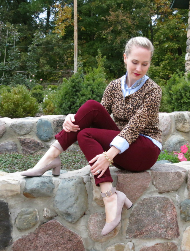 burgundy jeans, leopard cardigan, kohl's embellished collar shirt, nine west shoes, square toe shoes, j crew majesty peacoat, phillip lim target bag