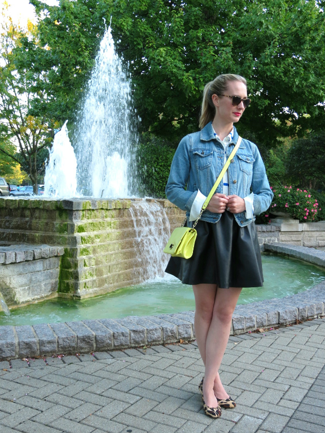 j crew silk shirt, forever 21 jean jacket, leather skirt, leopard heels, flashdance musical, indianapolis style blogger