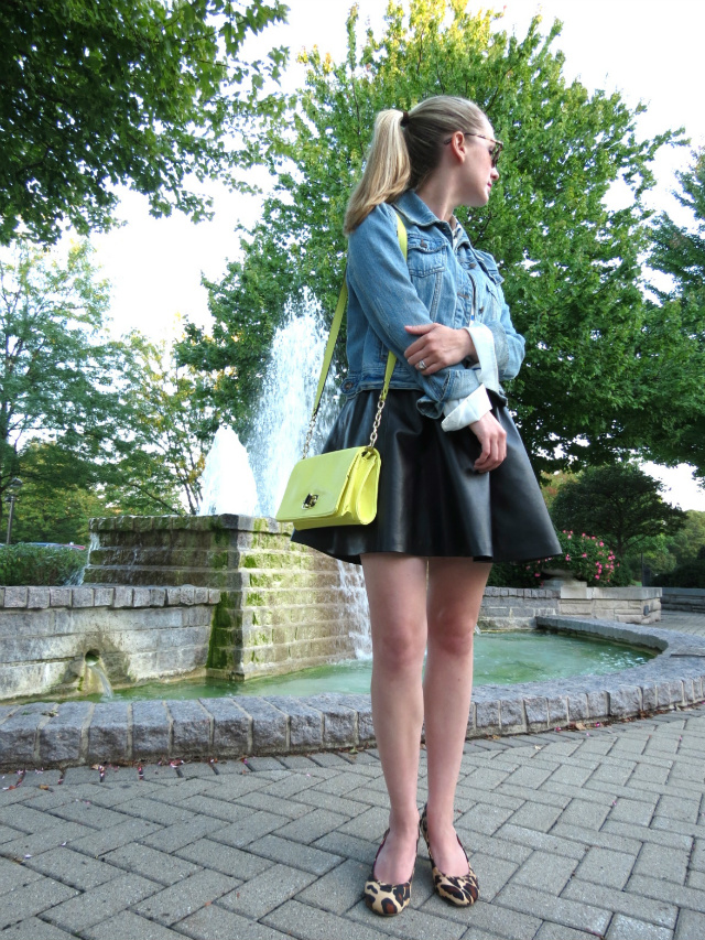 j crew silk shirt, forever 21 jean jacket, leather skirt, leopard heels, flashdance musical, indianapolis style blogger
