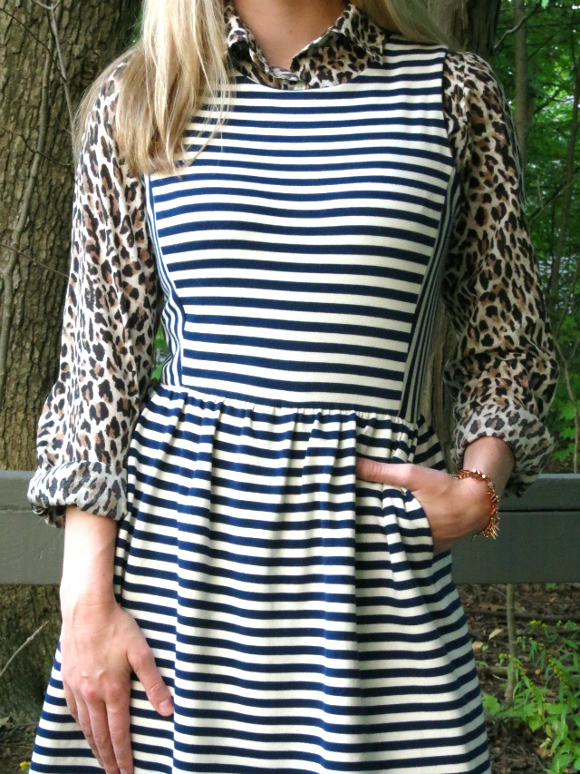 law school style blog, madewell striped dress, leopard button up, calvin klein boots