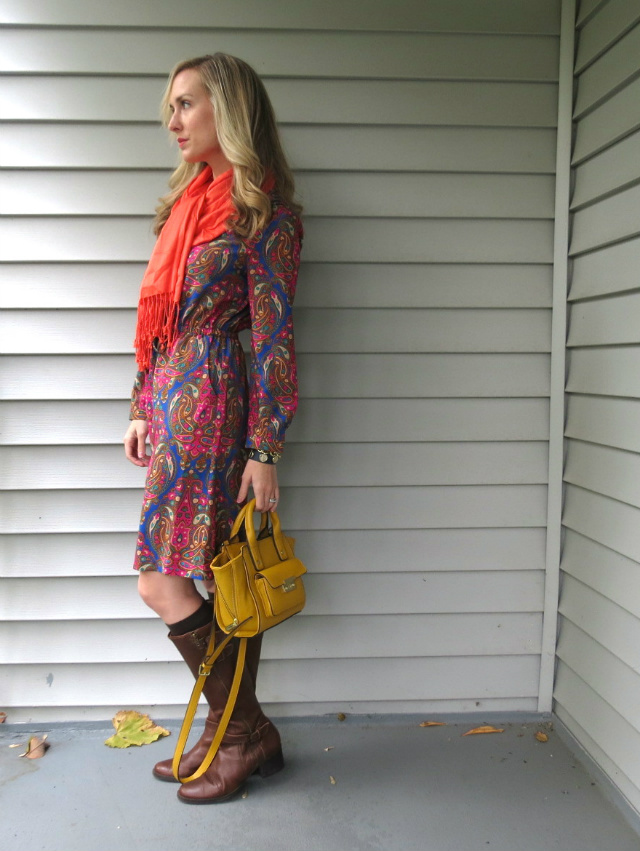 target paisley dress, phillip lim yellow satchel, equestrian boots, boots with socks, law school style